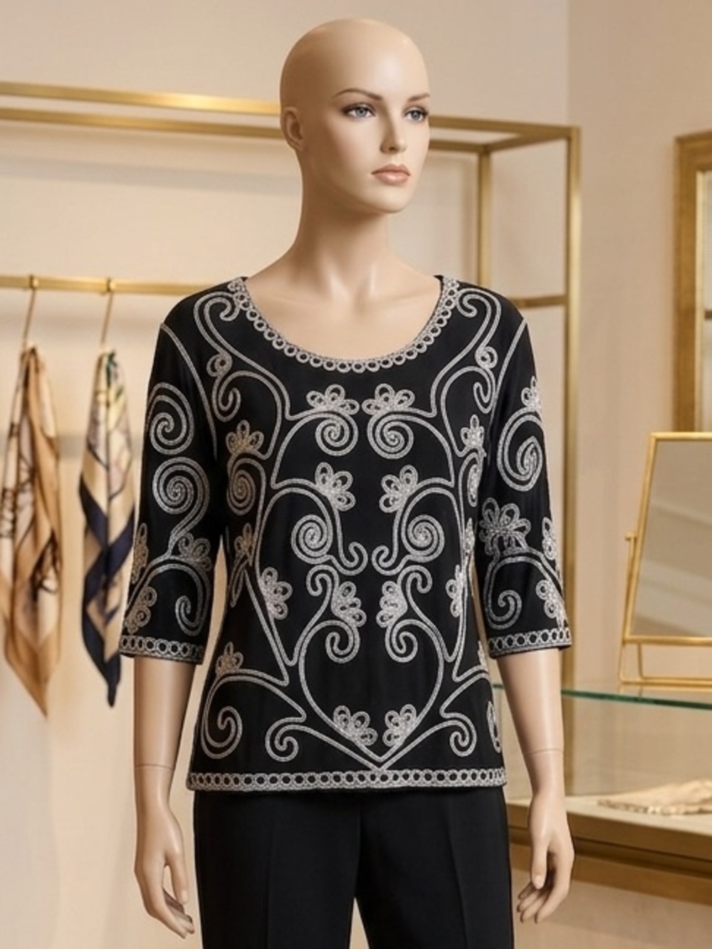 Lauren Michelle Black Scoop-Neck Embroidered Top with Silver Scrolls
